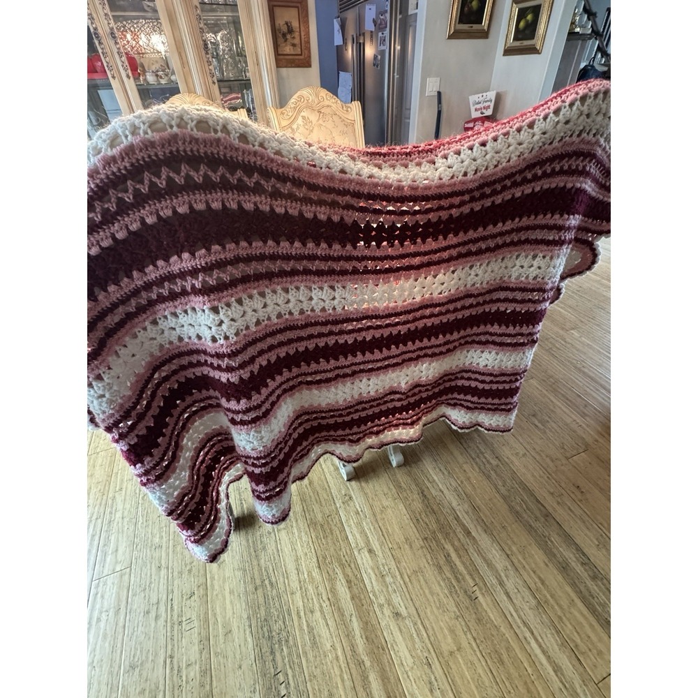 Handmade Red, Pink White Knitted Crocheted Throw Blanket Size 48x64"‎